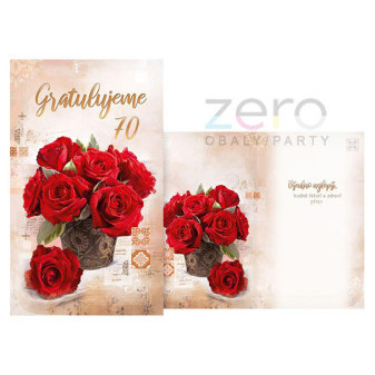 Přání s textem narozeninové 70 + obálka - růže červené